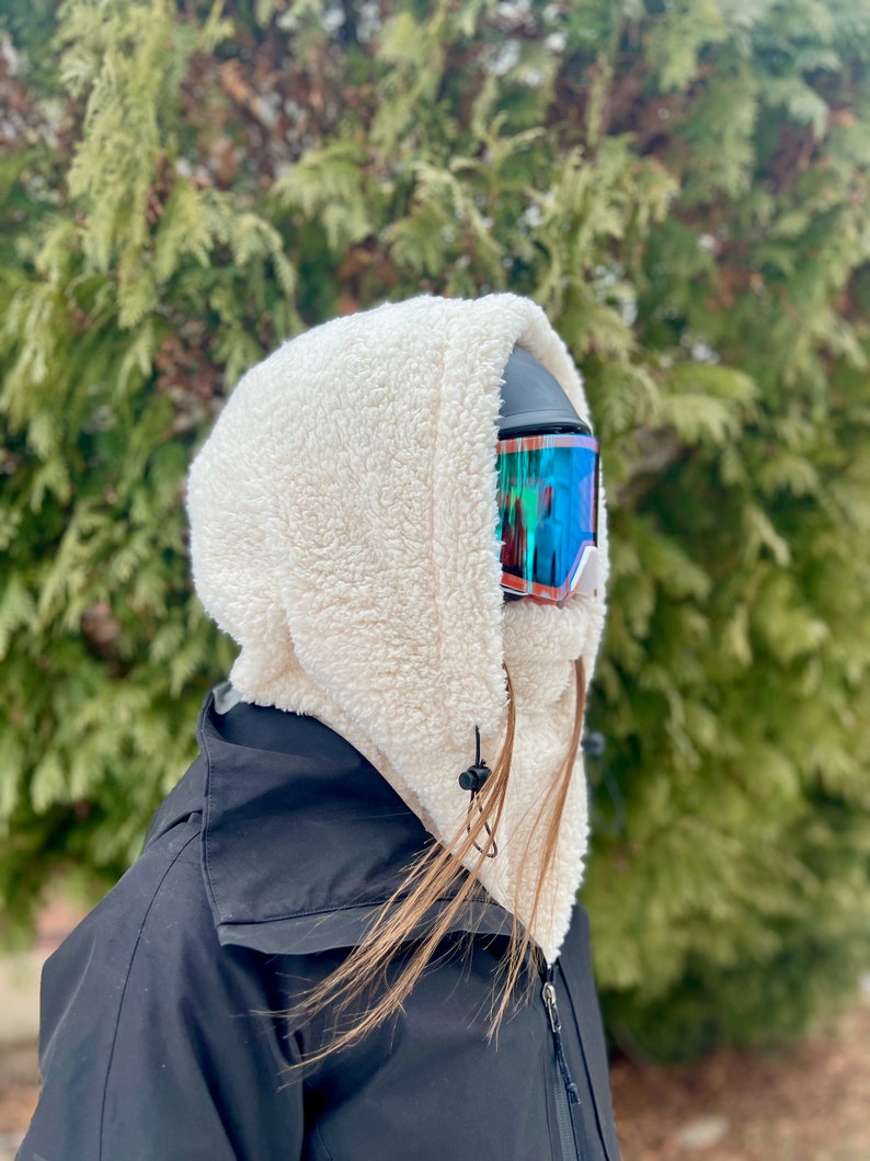 Off-White Sherpa Helmet Hood, Fleece Ski Hood, balaclava, snood, Over Helmet.