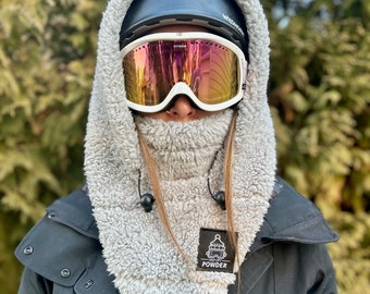 Light Gray Sherpa Ski Hood Fits Over Helmet, Balaclava, Snood. Helmet Hood!