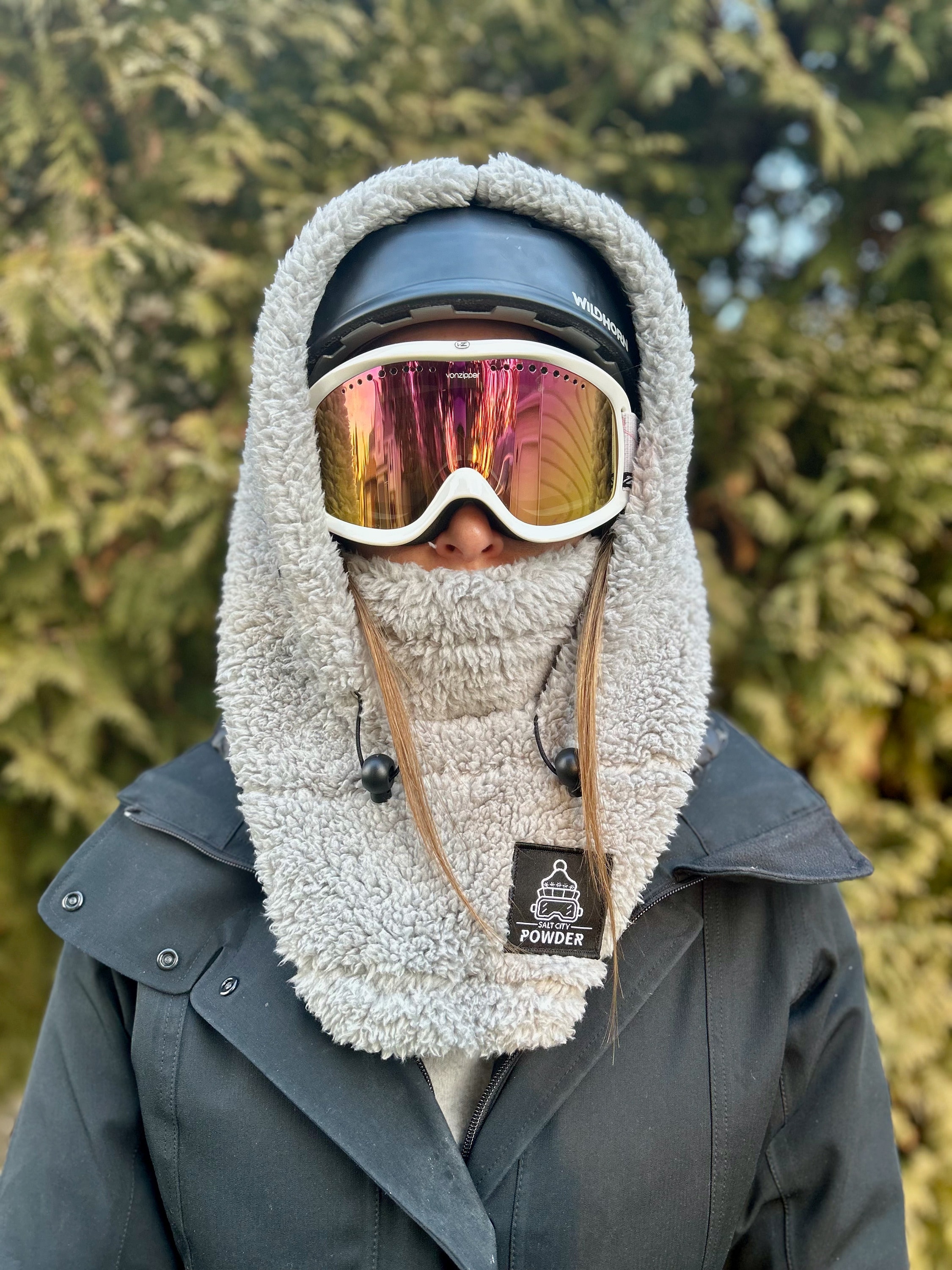 Light Gray Sherpa Ski Hood Fits Over Helmet, Balaclava 