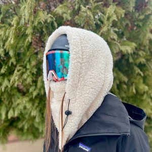 Off-White Sherpa Helmet Hood, Fleece Ski Hood, balaclava, snood, Over Helmet.