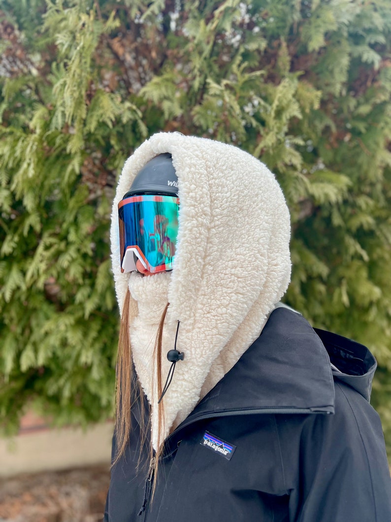 Off-White Sherpa Helmet Hood, Fleece Ski Hood, balaclava, snood, Over Helmet.