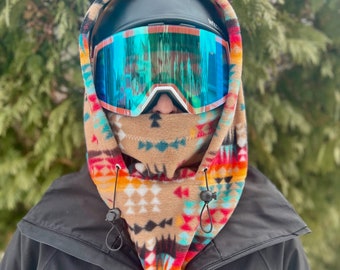 Tan Aztec Ski Hood Fits Over Helmet, Balaclava, Snood. Helmet Hood!