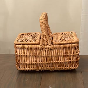 May include: A rectangular light brown woven wicker basket featuring a central vertical handle and two hinged lids that open from the center. The basket is constructed with a vertical slat pattern on the sides and a cross-weave pattern on the lids.