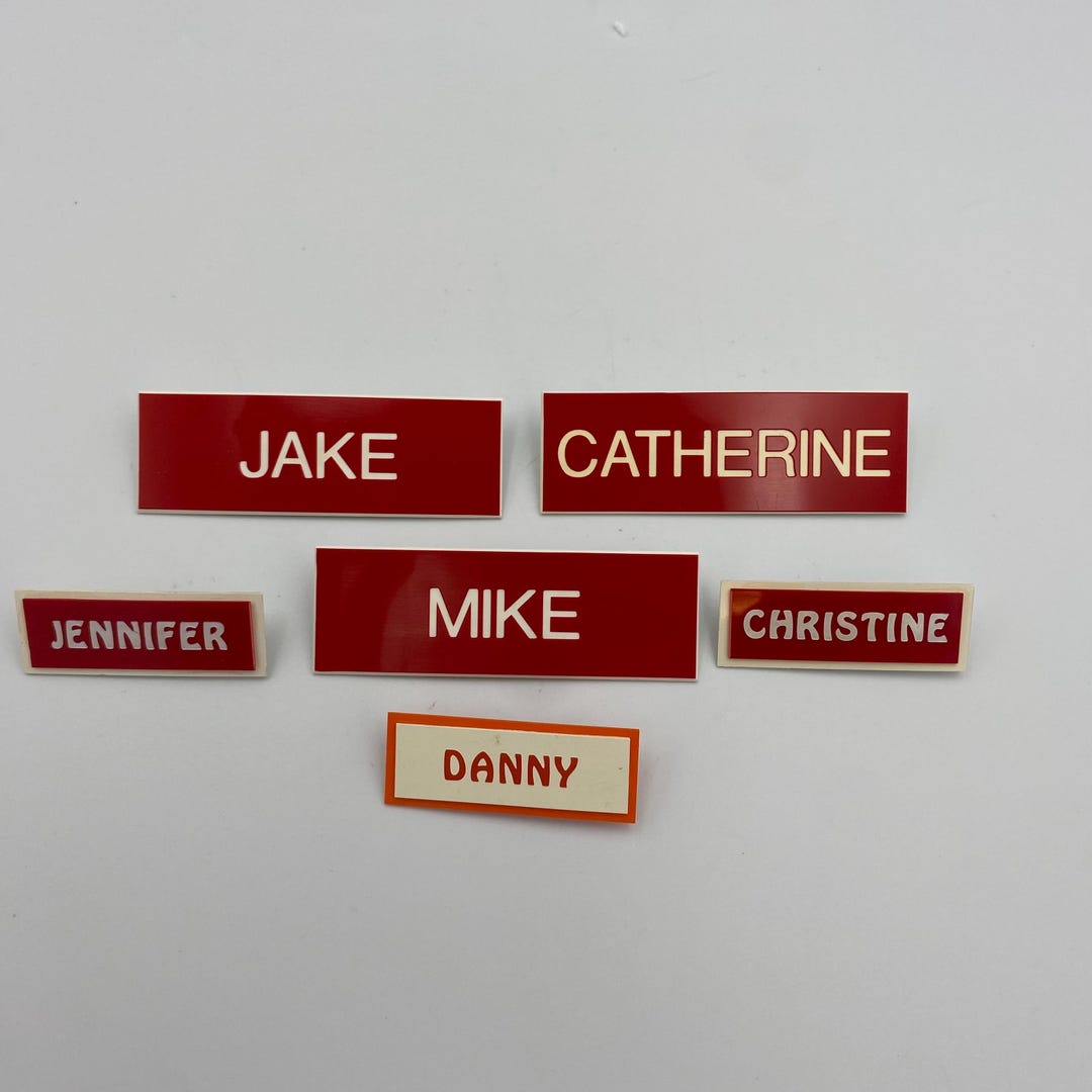 Danny R Name Tag Vintage Red Orange Plastic Pin Back Name Tags Jake Mike Danny Jennifer ...