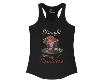 May include: Black tank top with a white graphic of a steak shaped like a bull with the text "Straight Carnivore" in red.