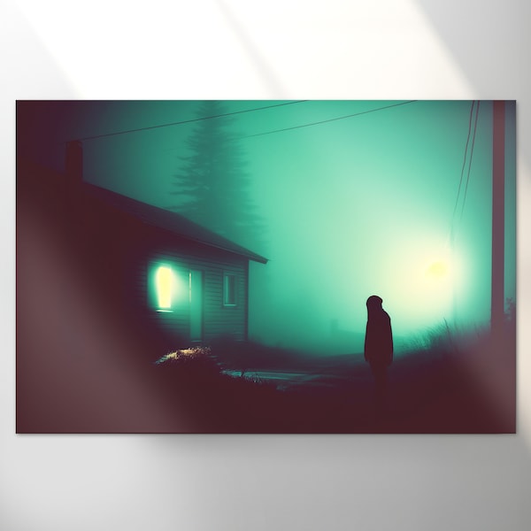 Dark neo-noir art, mysterious person in thick fog at night, film look / digital art / wall art poster
