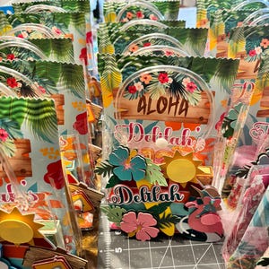 Custom Tropical Party Favor Bags 12  – Personalized Luau Birthday Favors for Girls – 13th Birthday Beach Theme – Flamingo & Wave Designs -