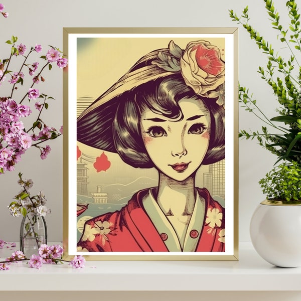 Japanese woman Vintage print matte finish print, Wall art, Drawing, Living room Wall Decor, Birthday gift, Mother's day, 4 different sizes