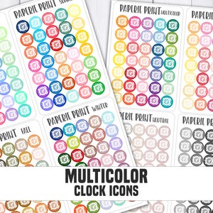May include: Five sheets of colorful clock stickers with the text "Paperie Print" and the color theme of each sheet. The colors include spring, fall, winter, multicolor, neutral, and black and gray.