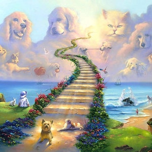 Puede incluir: Una pintura caprichosa representa una escalera al cielo, bordeada de flores, que conduce a nubes con forma de perros y gatos. Un niño y un conejo están sentados en una colina cubierta de hierba con vistas al océano. Un perro está al pie.
