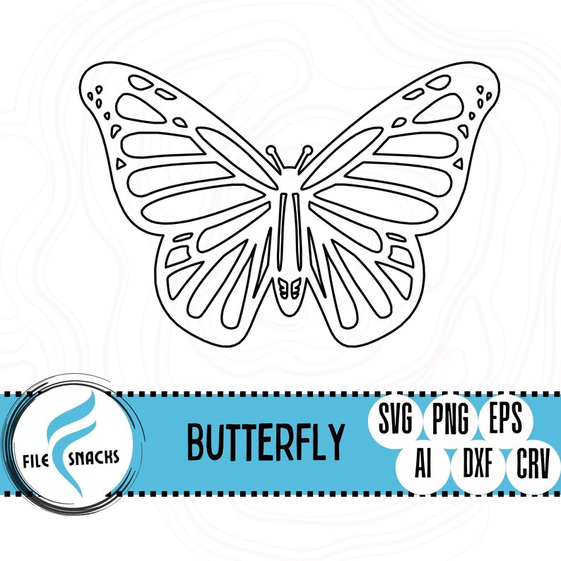 May include: Black and white line art illustration of a butterfly. The butterfly has detailed wings with a pattern of lines and dots. The image is suitable for use as a digital download for crafting projects.