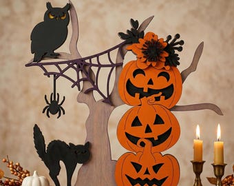 3D Spooky Tree with Pumpkins SVG, Halloween Decor (Digital Download)