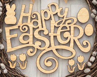 Happy Easter Word Kit SVG | Bunny, Egg, Tulip Laser Cut File (Digital Download)