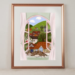 Cottagecore Aesthetic, English Countryside, Fairytale Village, Art Print, Digital Art Print, Cat Art Print, Original Art Print