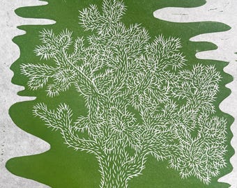 Cholla Cactus Art Print - Original Handmade Linocut Block Print - A4 Size
