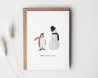 Weihnachtskarte Pinguin und Schneemann