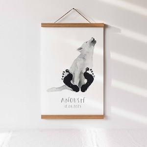 Póster huella de bebé lobo con nombres y fechas de nacimiento