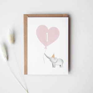 Karte 1. Geburtstag Elefant mit Herzballon