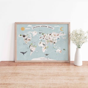 Tierweltkarte für Kinder als digitale Datei zum selbst ausdrucken Poster