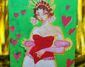 Venus burlesque goddess valentines card 1920s 1930s vintage pin up card curvy pink hearts sexy birthday moulin rouge camp love Aphrodite