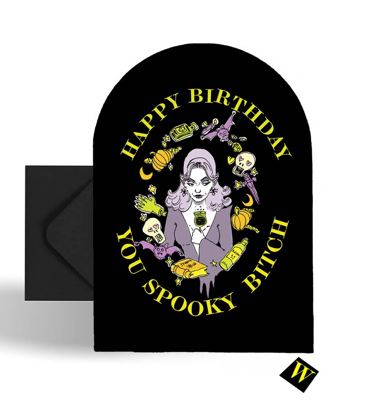 Spooky Bitch Witch Goth Birthday Card weird witchy kitsch Addams 1950s 60s halloween scorpio alternative Vampira bat bewitched funny image 2