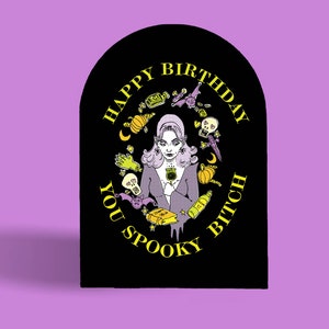 Spooky Bitch Witch Goth Birthday Card weird witchy kitsch Addams 1950s 60s halloween scorpio alternative Vampira bat bewitched funny image 1