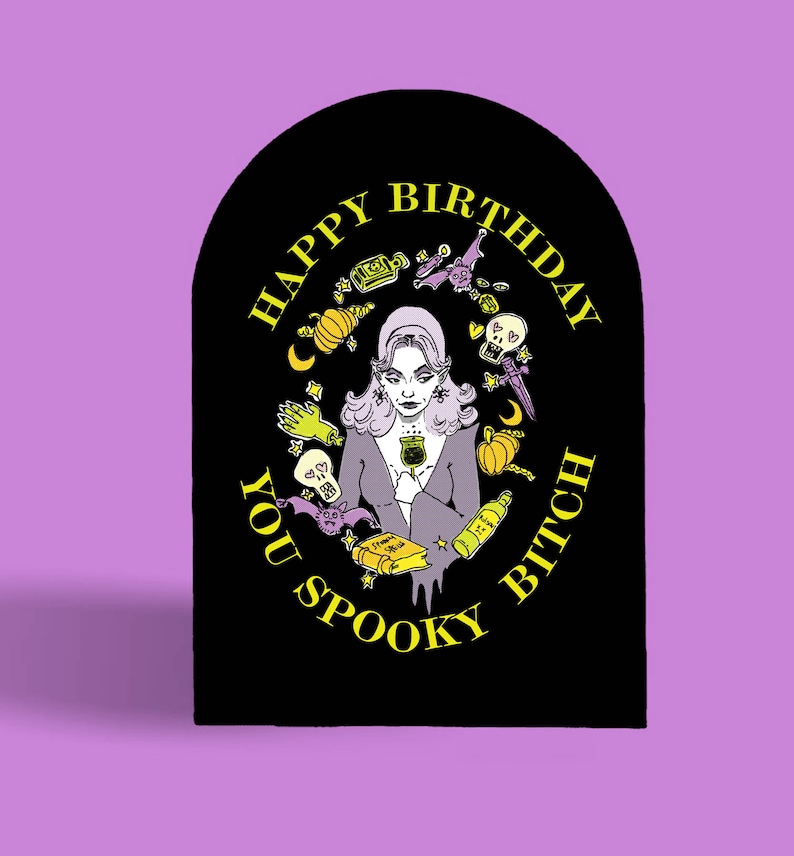 Spooky Bitch Witch Goth Birthday Card weird witchy kitsch Addams 1950s 60s halloween scorpio alternative Vampira bat bewitched funny image 1