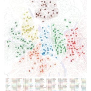 May include: A detailed map of the Lake District, highlighting the Wainwright Fells. The map uses a colour-coded system to identify different areas, each marked with numbered points. The title "THE WAINWRIGHT FELLS" is in green, with a list of names below.