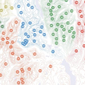 Puede incluir: Ilustraci&oacute;n de un mapa colorido con l&iacute;neas de contorno y c&iacute;rculos numerados. El mapa presenta tonos de rojo, verde, azul y amarillo, con n&uacute;meros que van del 1 al 214, probablemente representando ubicaciones o puntos de datos.