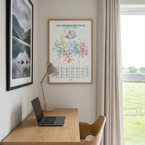 Puede incluir: Un despacho en casa con un escritorio de madera, un port&aacute;til y una l&aacute;mpara de escritorio beige. Un mapa enmarcado de "The Wainwright Fells - Lake District" cuelga de la pared. Tambi&eacute;n se ve una silla de madera y una ventana con cortinas beige.