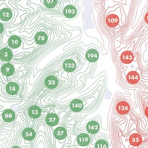 Puede incluir: Un mapa detallado con l&iacute;neas de contorno y c&iacute;rculos numerados en verde, rojo y azul. Los n&uacute;meros son blancos y var&iacute;an de 3 a 197. El mapa tiene una apariencia topogr&aacute;fica.