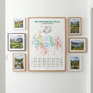 Puede incluir: Una exhibici&oacute;n mural con un mapa grande enmarcado titulado "The Wainwright Fells - Lake District" rodeado de fotograf&iacute;as de paisajes enmarcadas m&aacute;s peque&ntilde;as. Debajo de la exhibici&oacute;n hay un banco de madera. Los marcos son de varios colores.