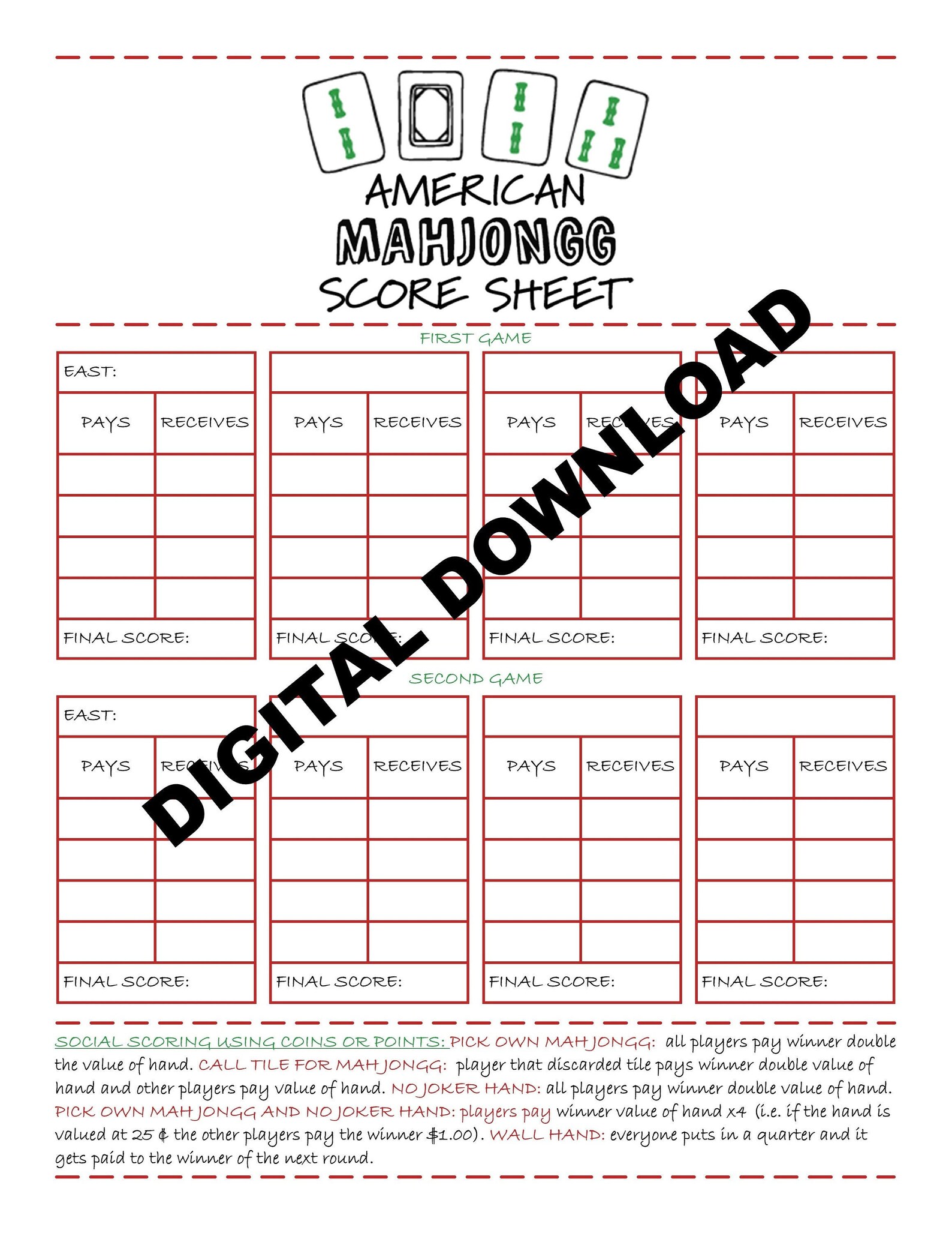 AMERICAN Style MAH JONGG Printable Score Sheet Download Printable AMERICAN Style MAH JONGG Printable Score Sheet Download Printable