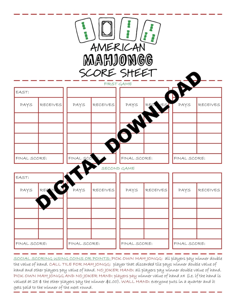 AMERICAN Style MAH JONGG Printable Score Sheet Download Printable