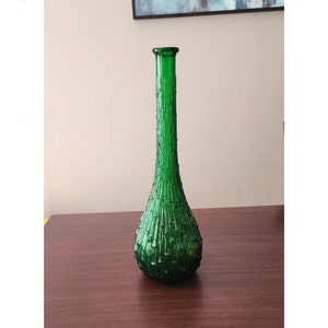 Vintage Italian Empoli Glass Genie Bottle Decanter – Emerald Green Wax Drip – MCM Mid-Century Modern Decor
