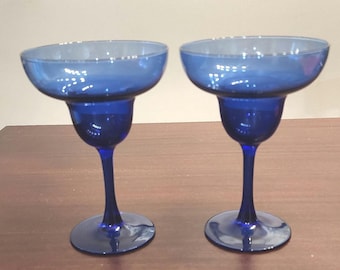 Vintage Cobalt Blue Margarita Glasses – Handcrafted Retro Barware, Set of 2