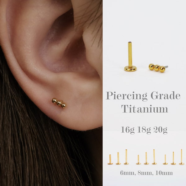 16G/18G/20G Push Pin Labret Stud Earring • Threadless Flat Back • Three Spheres • Lobe/Helix/Tragus/Cartilage/Nose Piercing • Hypoallergenic
