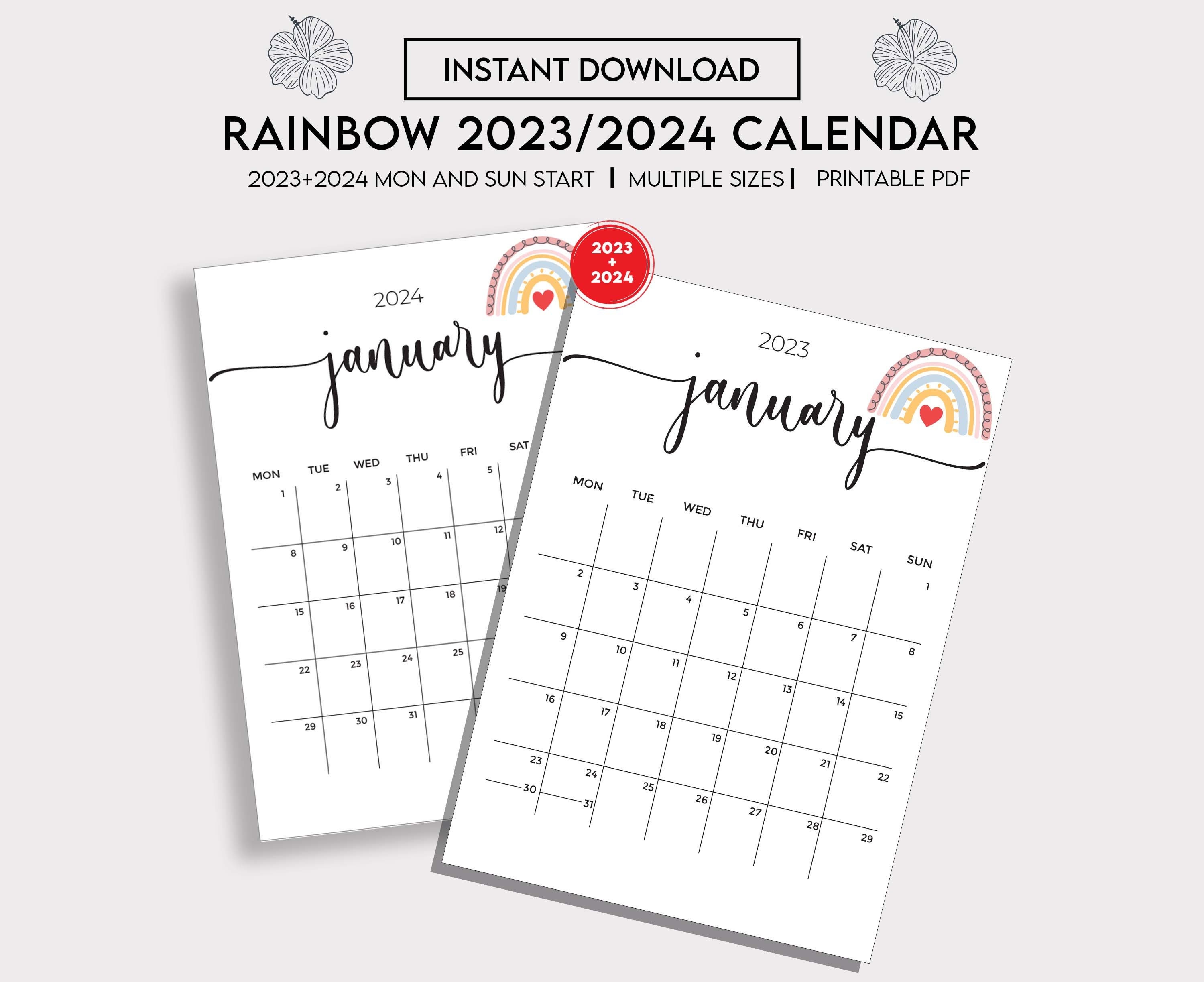 Rainbow 2023 2024 Calendar Bundle Printable Editable Portrait Monthly ...
