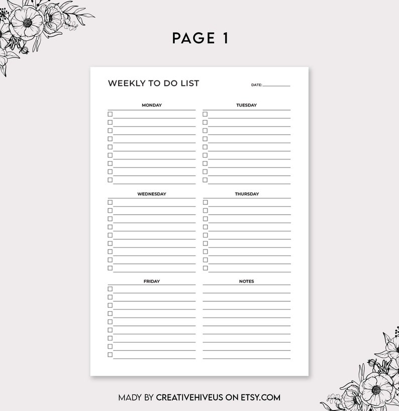 Five Day Week to Do List Printable Minimal Weekly Planner Template Student/teacher Planner Work ...