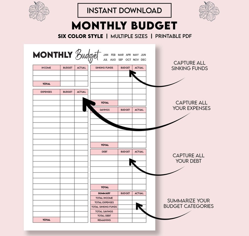 MONTHLY Budget Overview Template Printable Budget Binder Budget Planner