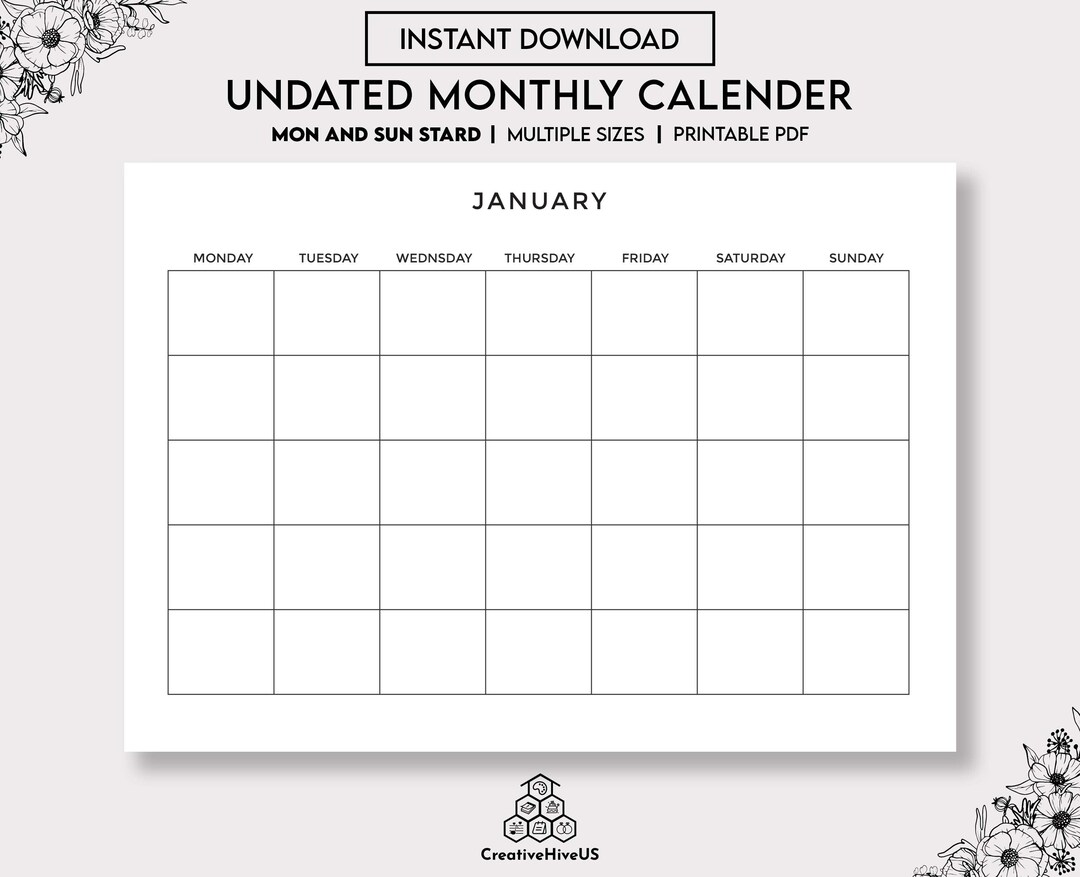 Calendrier Mensuel Non Daté Paysage Imprimable Modèle De.