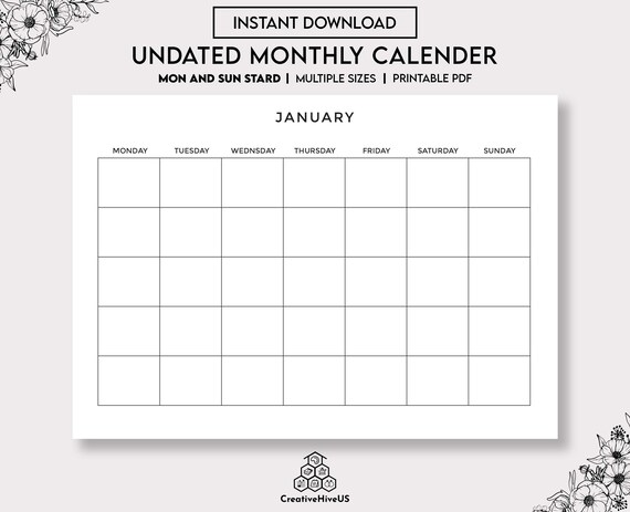 Calendrier Mensuel Non Daté Paysage Imprimable Modèle De.
