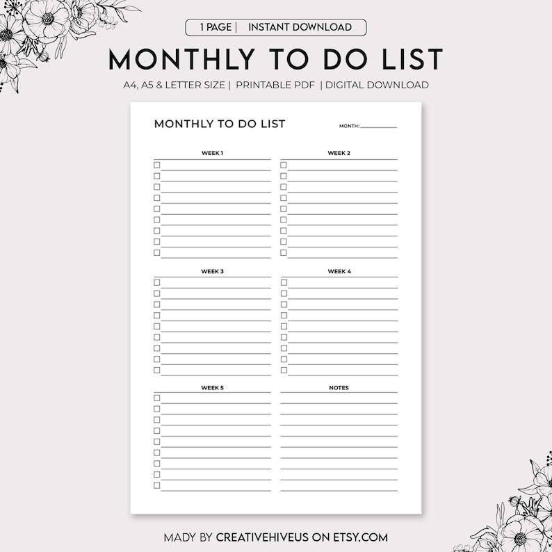 Monthly to Do List Printable Monthly Task List Template Monthly Planner ...