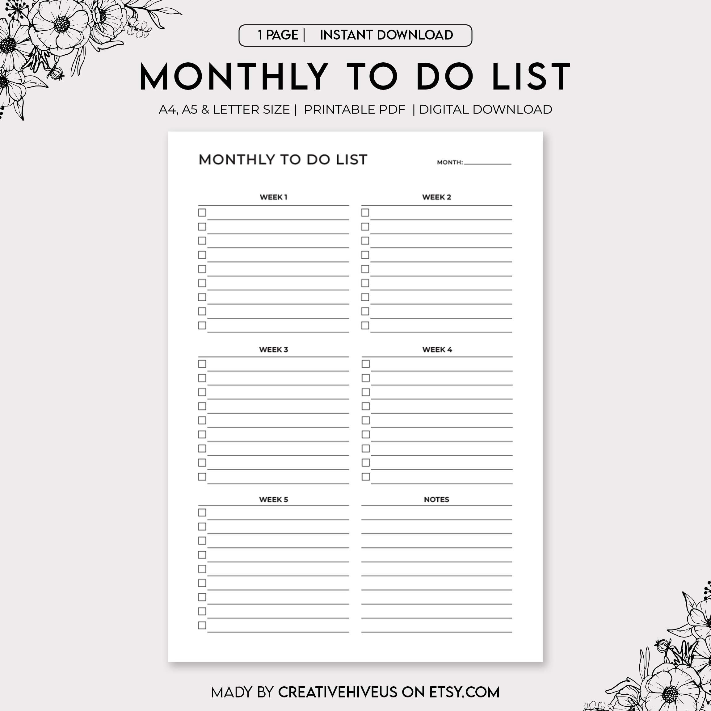 Monthly to Do List Printable Monthly Task List Template Monthly Planner ...