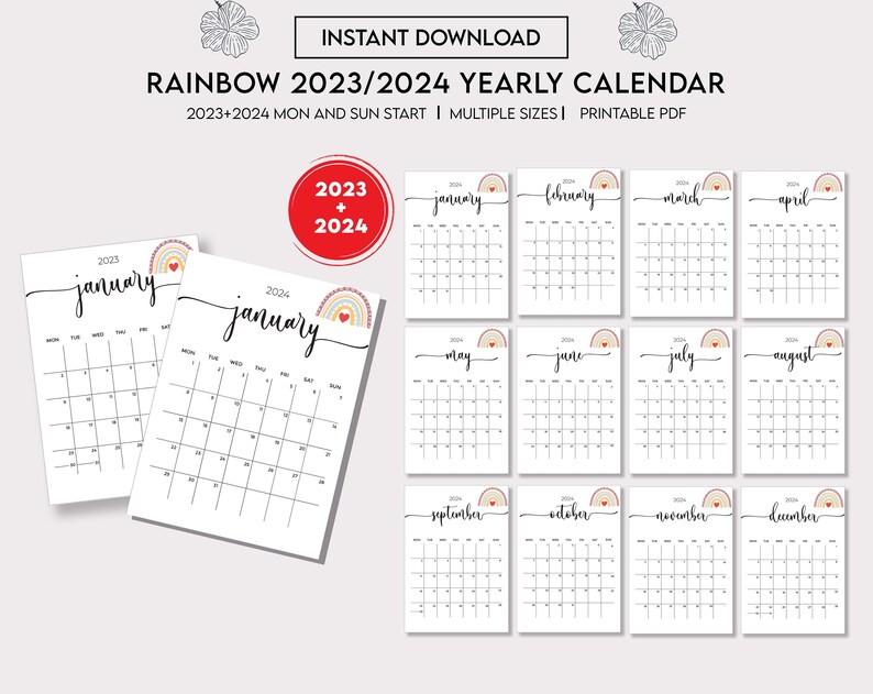 Rainbow 2023 2024 Calendar Bundle Printable Editable Portrait Monthly