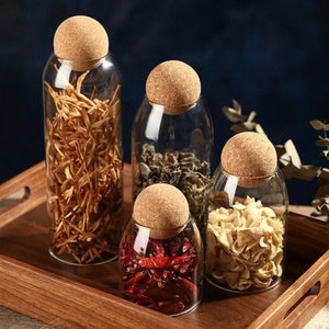 3Pcs/Set Glass Food Storage Jars with Ball Cork Lid, Bamboo Glass Storage