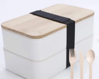 Japanese Bento Box,2 Layer Lunch Box , Meal Prep Lunch Container with Bamboo. White color