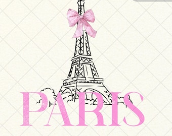 Diseño de camiseta de París con lazo rosa Love Paris / Descarga digital / PNG SVG / Ilustración / Dibujado a mano / Camiseta gráfica / Torre Eiffel