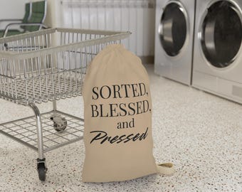 Sorted Blessed and Pressed Laundry Bag | Neutral Printed Canvas Drawstring  Laundry Bag for Clothes, Minimal Chic Laundry Storage Tote