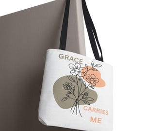 Grace Carries Me floral tote bag | minimalist flowers, neutral tones